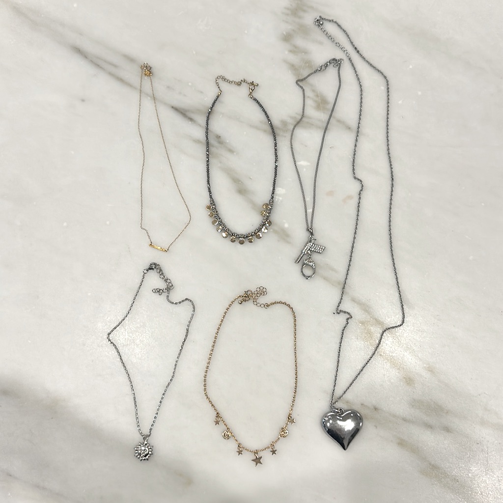 Lot Of 6 Gold Black Necklaces. Adjustable Sun Stars Machine Gun Heart Discs